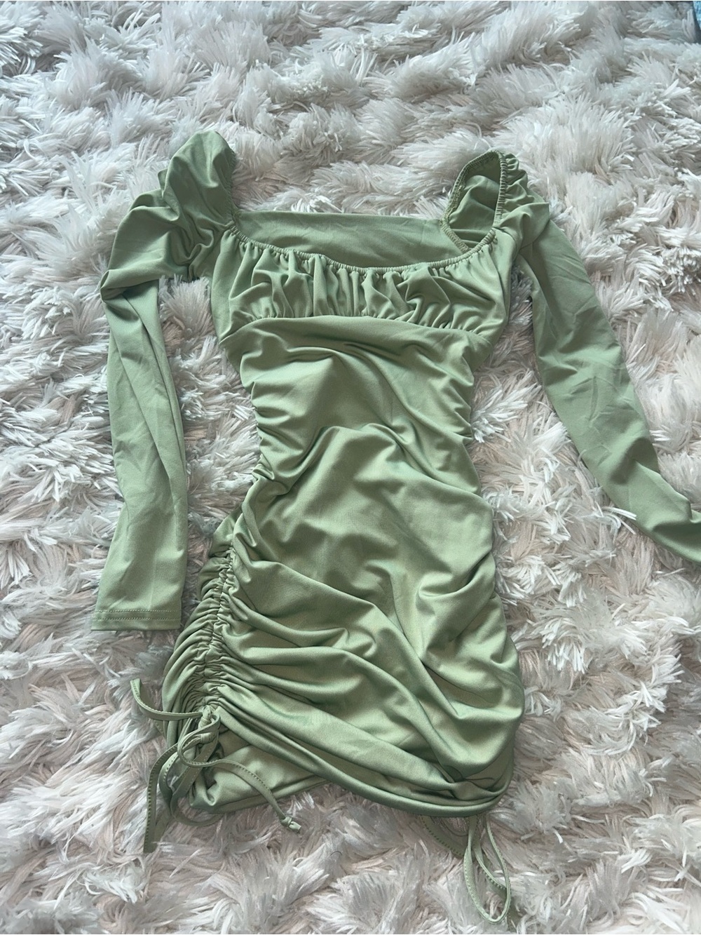Ruched Long-Sleeve Square Neck Mini Dress - Sage Green